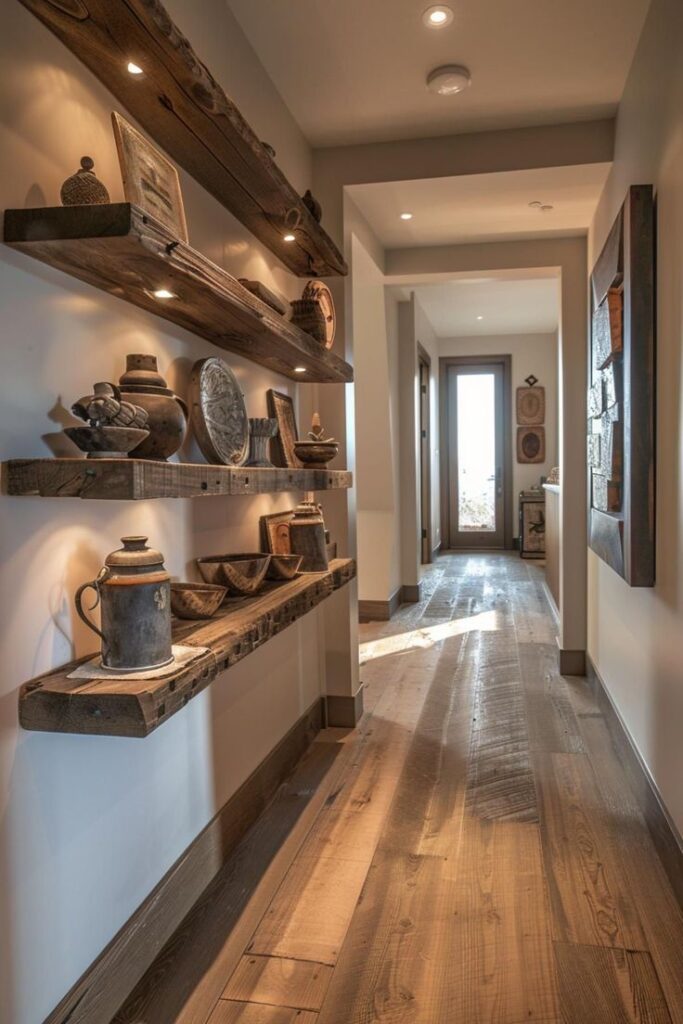 Rustic hallway with wooden shelves and pottery decor, leading to a sunlit entrance door.