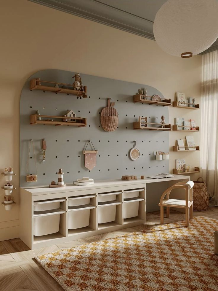 Modern kids' room with wall shelves, storage bins, and a patterned rug. Warm, cozy design with neutral tones.