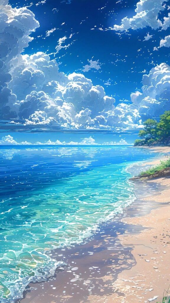 Anime-style beach scene with clear waves, sandy shore, and a bright blue sky filled with fluffy clouds.