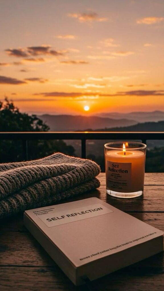 Book, candle, and blanket on a table with a sunset view, creating a cozy and reflective ambiance.