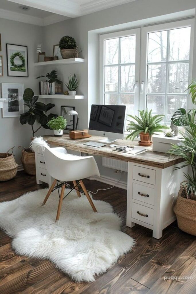 Cozy home office with plants, wooden desk, white chair, and natural light from window for a serene workspace atmosphere.
