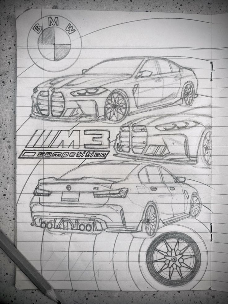Detailed sketch of a BMW M3 Competition, showcasing front and rear views with logo and wheel design.