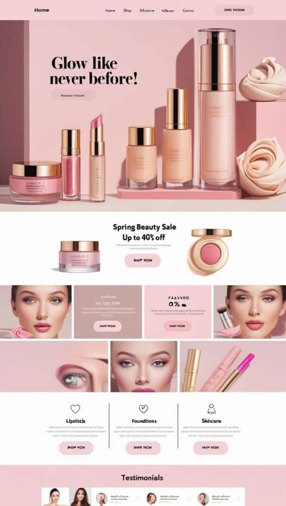 Beauty products on a pink background with spring sale offer, featuring lipsticks, foundations, and skincare items.
