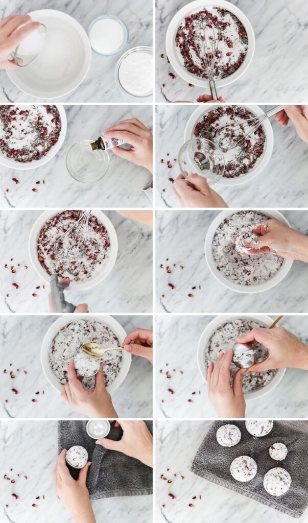 Step-by-step guide on making DIY bath bombs with rose petals, baking soda, and essential oils on a marble surface.