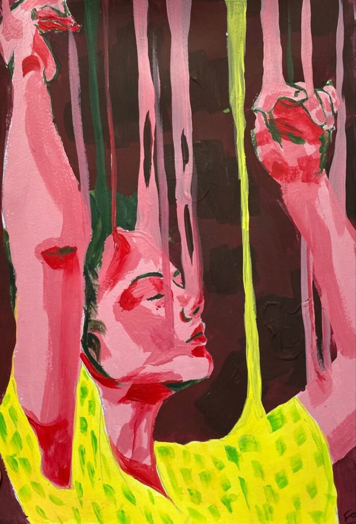 Abstract painting of a person in a yellow shirt with closed eyes, surrounded by vertical colorful streaks.