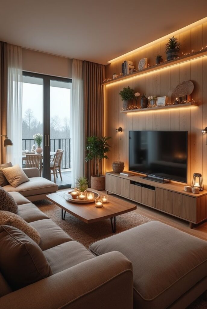 Cozy modern living room with TV, candles, and balcony view. Warm lighting and wooden accents create an inviting atmosphere.