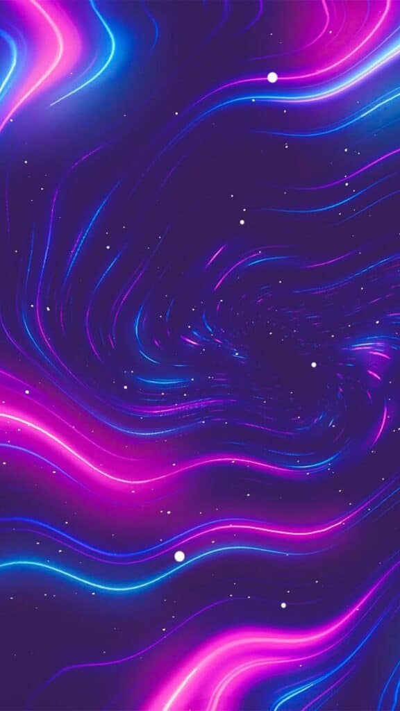 Vibrant neon swirl with pink and blue lines on a dark cosmic background, resembling a colorful vortex with scattered stars.