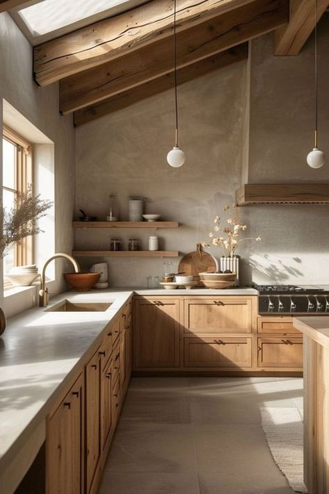 Rustic kitchen with wooden cabinets, open shelving, natural light, neutral tones, and modern design elements.