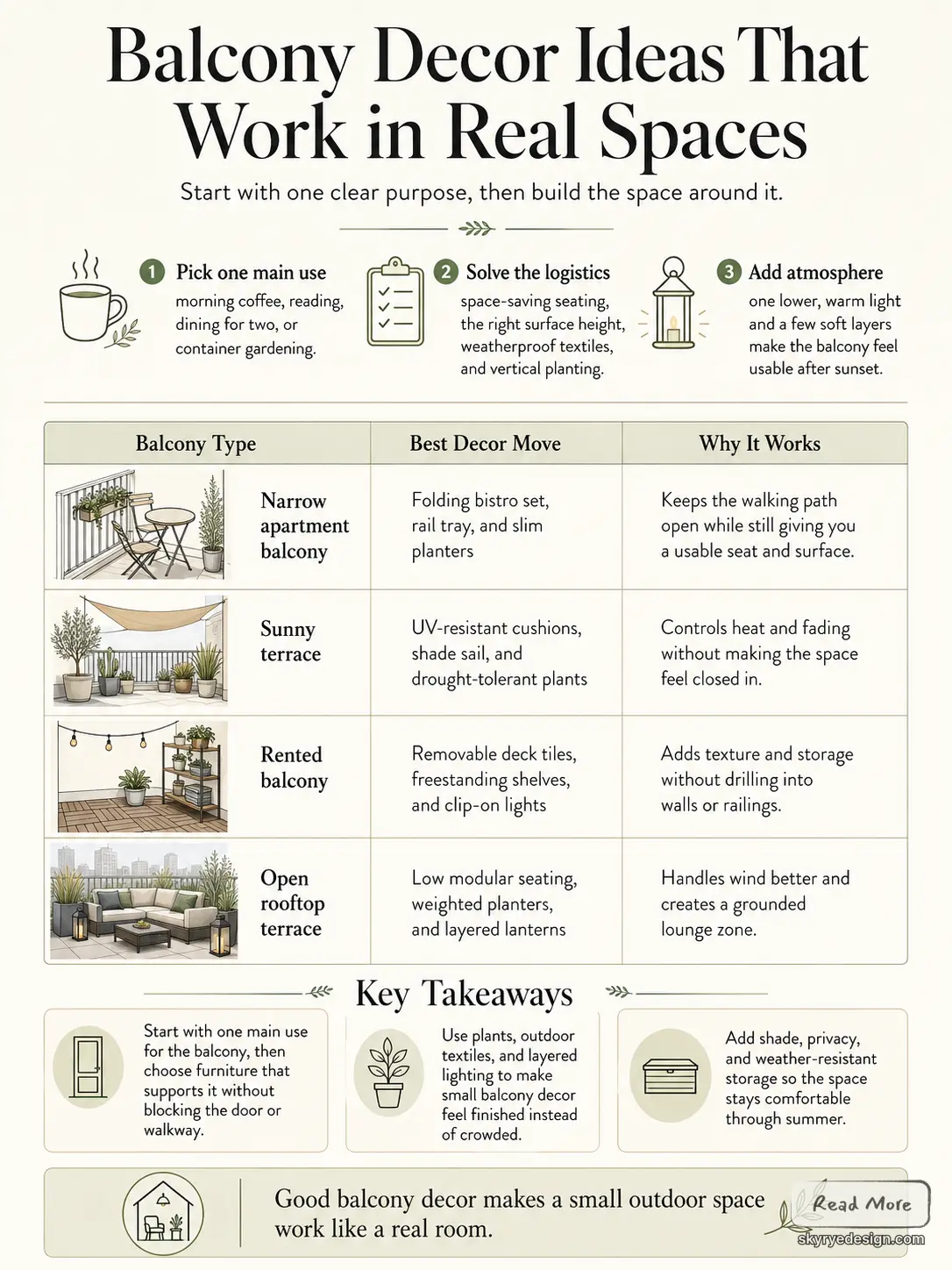 95ddc82f-10ef-4883-8d96-6638d316663d Balcony decor ideas infographic: tips for narrow, sunny, rented, and rooftop terraces plus key takeaways. | Sky Rye Design Balcony decor ideas infographic: tips for narrow, sunny, rented, and rooftop terraces plus key takeaways.