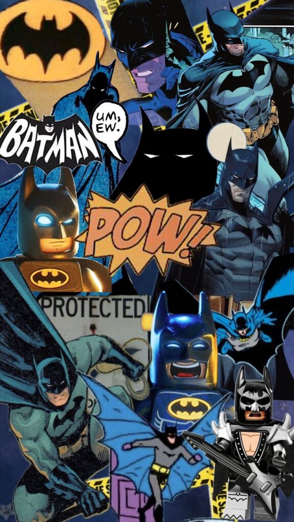 Collage of Batman illustrations and Lego figures, featuring comic elements like Pow! and dynamic poses.