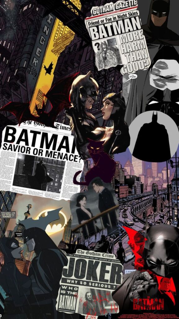 Collage of Batman comics and headlines featuring Gotham City, Catwoman, and Joker for a dramatic effect.