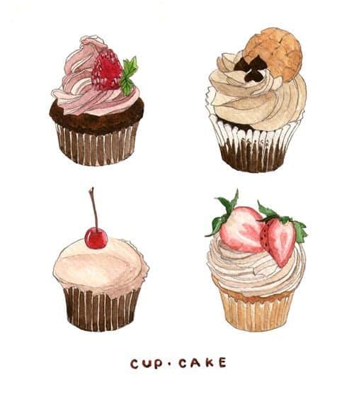 Illustration of four cupcakes with various toppings: strawberry, cherry, chocolate, and whipped cream.