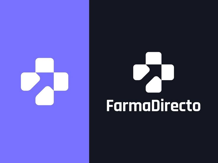 Logo of FarmaDirecto with geometric design on purple and black background.