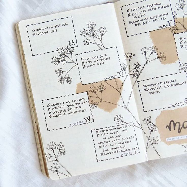 Open journal with floral doodles and handwritten weekly planner notes for organizing tasks and assignments.
