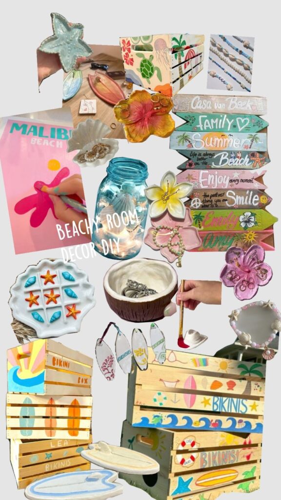 Beach-themed DIY room decor ideas with seashells, paintings, and colorful signs. Perfect for coastal style inspiration.