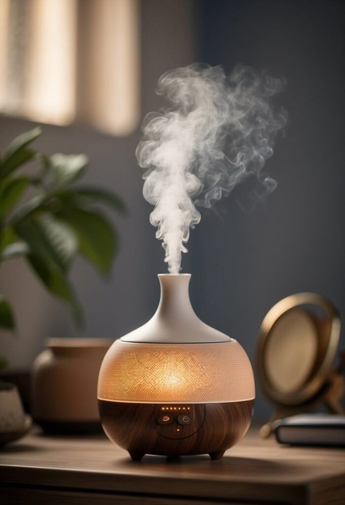 A stylish, modern aroma diffuser emitting vapor on a wooden table, creating a cozy ambiance in a softly lit room.