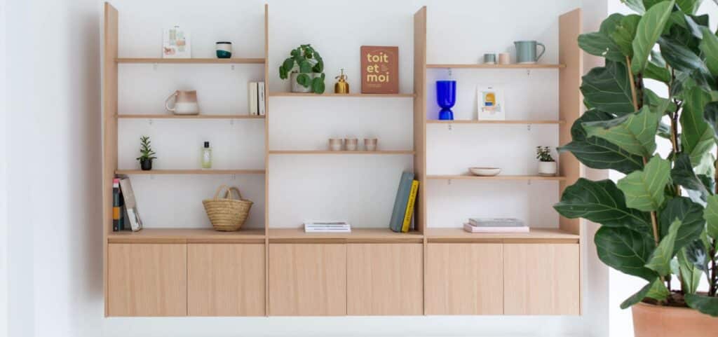 Modern wooden wall shelves with plants, books, and decor items, adjacent to a lush green indoor plant.
