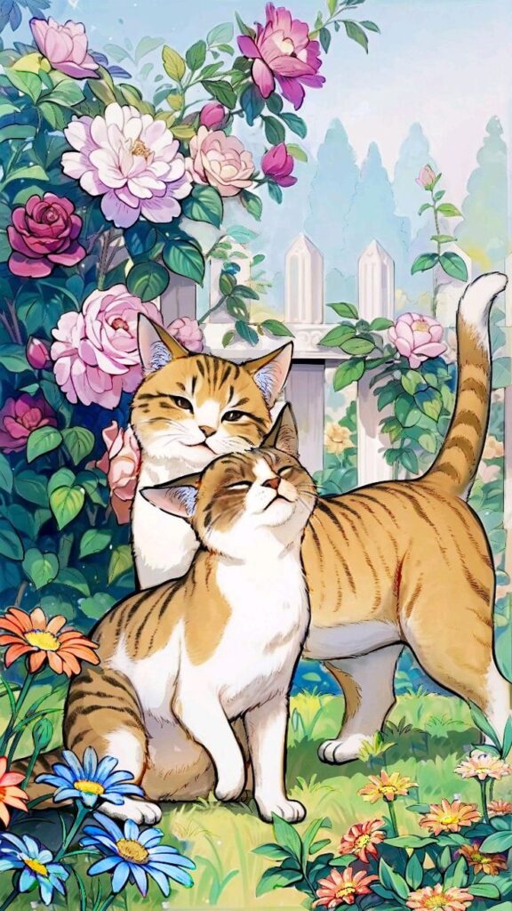 Two contented cats in a vibrant flower garden under a bright sky, surrounded by colorful blossoms and greenery.
