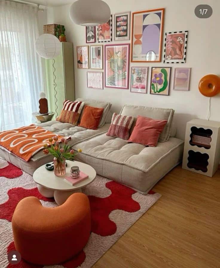 Retro-style living room with colorful cushions, abstract wall art, and a cozy sofa. Playful, modern decor and vibrant rug.