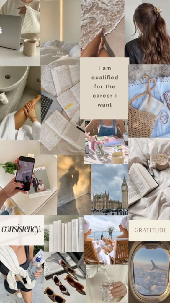 Collage of lifestyle images: laptop, beach, books, travel, Big Ben, and affirmations on career, consistency, and gratitude.