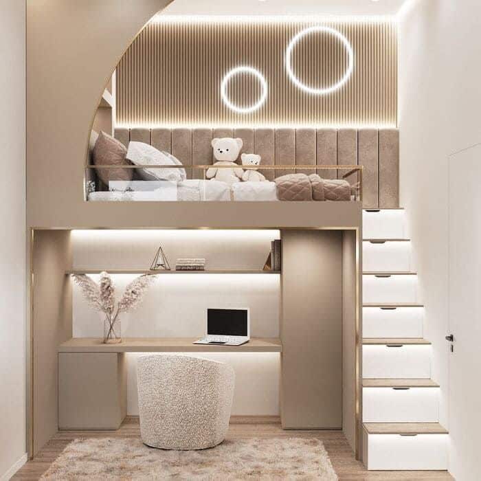 Modern loft bedroom with cozy decor, teddy bears, and integrated workspace under soft lighting and sleek staircase.
