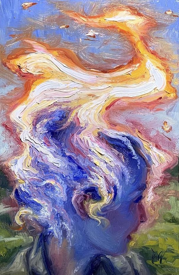 Vibrant abstract painting of a person with swirling, fiery colors and dynamic brush strokes.