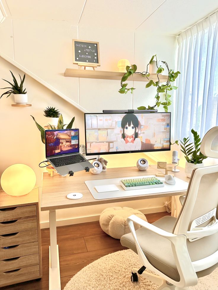 Modern workspace with dual monitors, cozy chair, plants, and ambient lighting for a minimalist tech aesthetic.