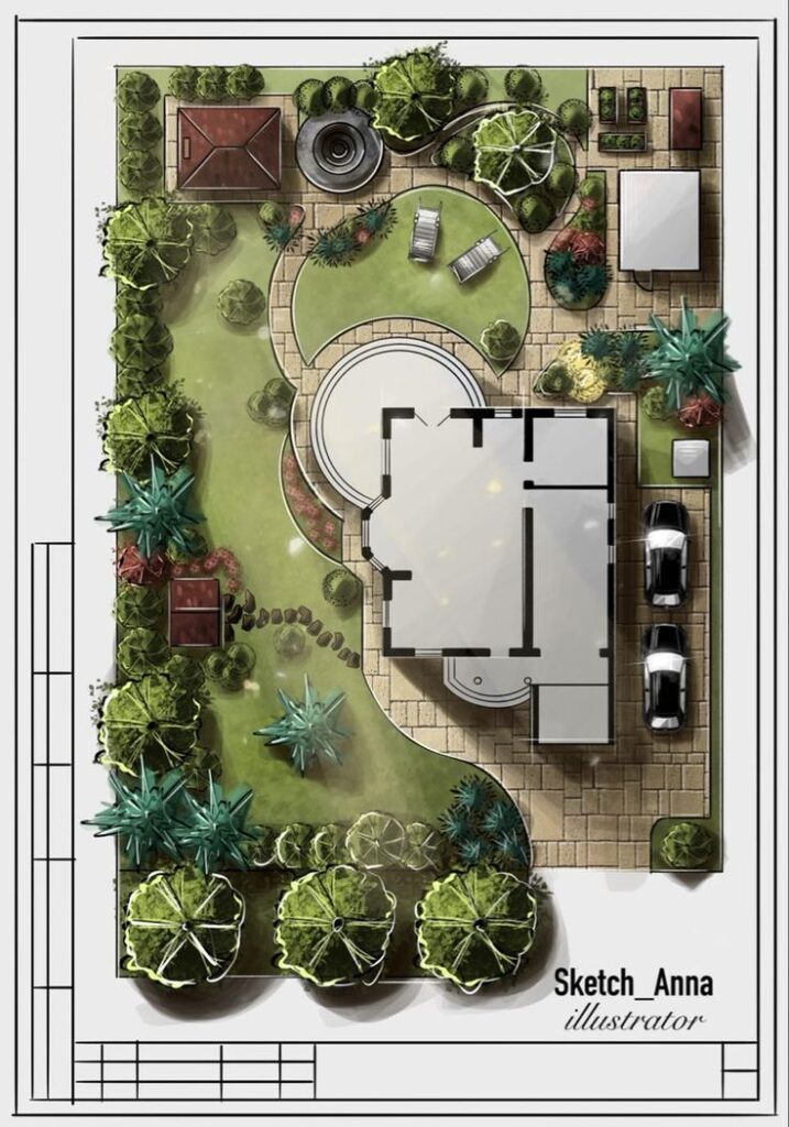 Landscape design blueprint with garden, patio, parking area, and detailed plant layout.