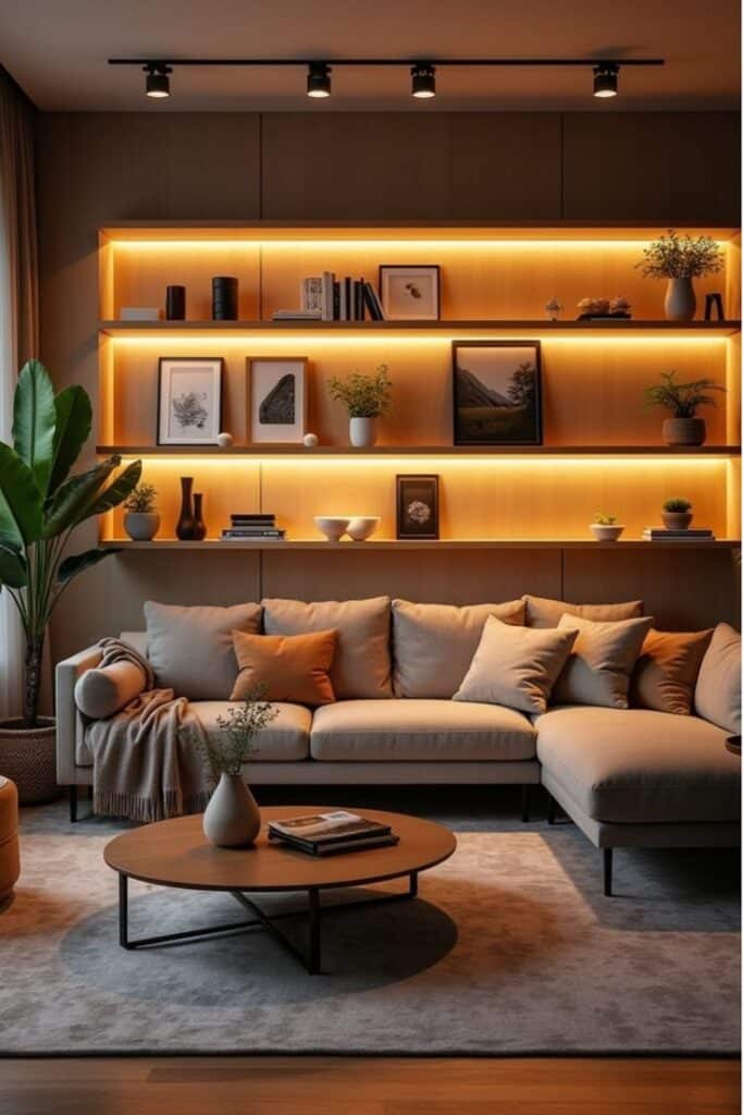 Modern living room with cozy beige sofa, illuminated shelves, and stylish decor accents.