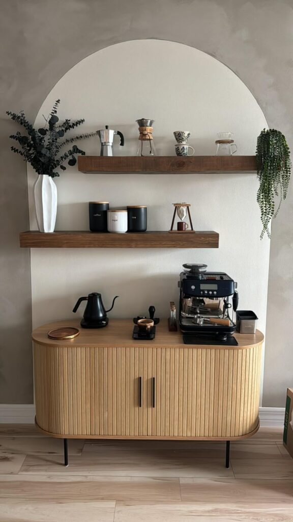 c2ffe525ebc607220de9e6b3d7867b1c Home coffee station with espresso machine, decorative shelves, and various coffee-making devices on a wooden cabinet. | Sky Rye Design Home coffee station with espresso machine, decorative shelves, and various coffee-making devices on a wooden cabinet.
