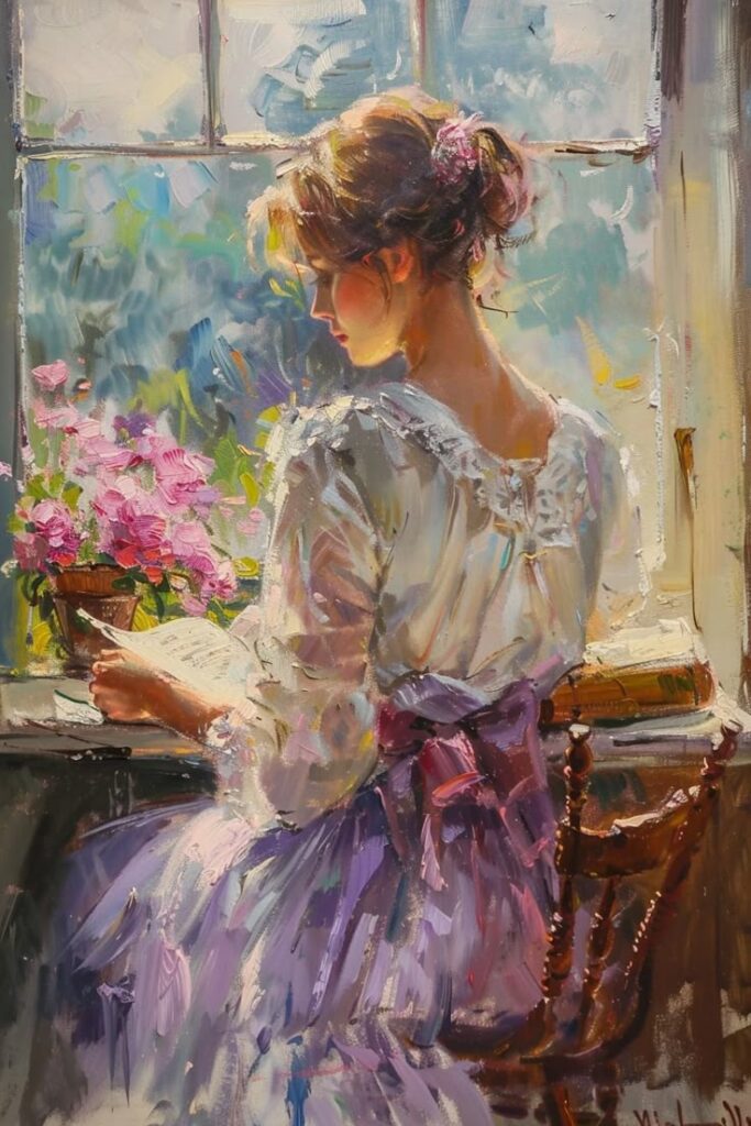 Woman reading by a window with pink flowers, wearing a white dress and purple sash, bright impressionist painting.
