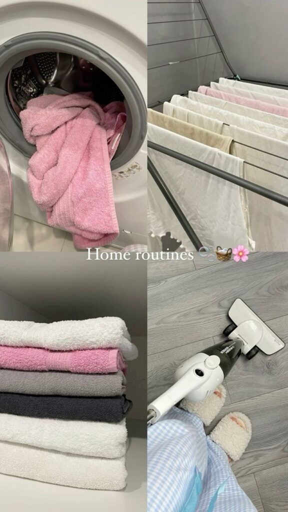 c58e48d6-eb6f-480d-8d01-a024726a1111 Home routines: laundry in washer, towels drying, folded towels, vacuuming floor in cozy slippers. | Sky Rye Design Home routines: laundry in washer, towels drying, folded towels, vacuuming floor in cozy slippers.