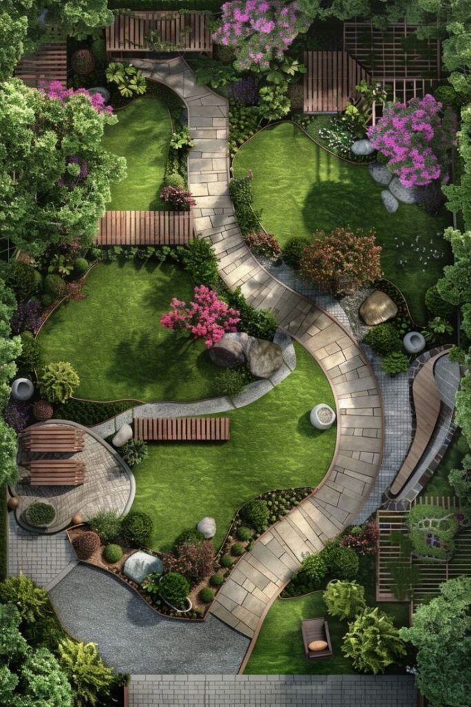 c6205d80-8946-4916-9ac3-e92994ad85a8 Aerial view of a landscaped garden with winding paths, lush greenery, colorful flowers, and wooden seating areas. | Sky Rye Design Aerial view of a landscaped garden with winding paths, lush greenery, colorful flowers, and wooden seating areas.