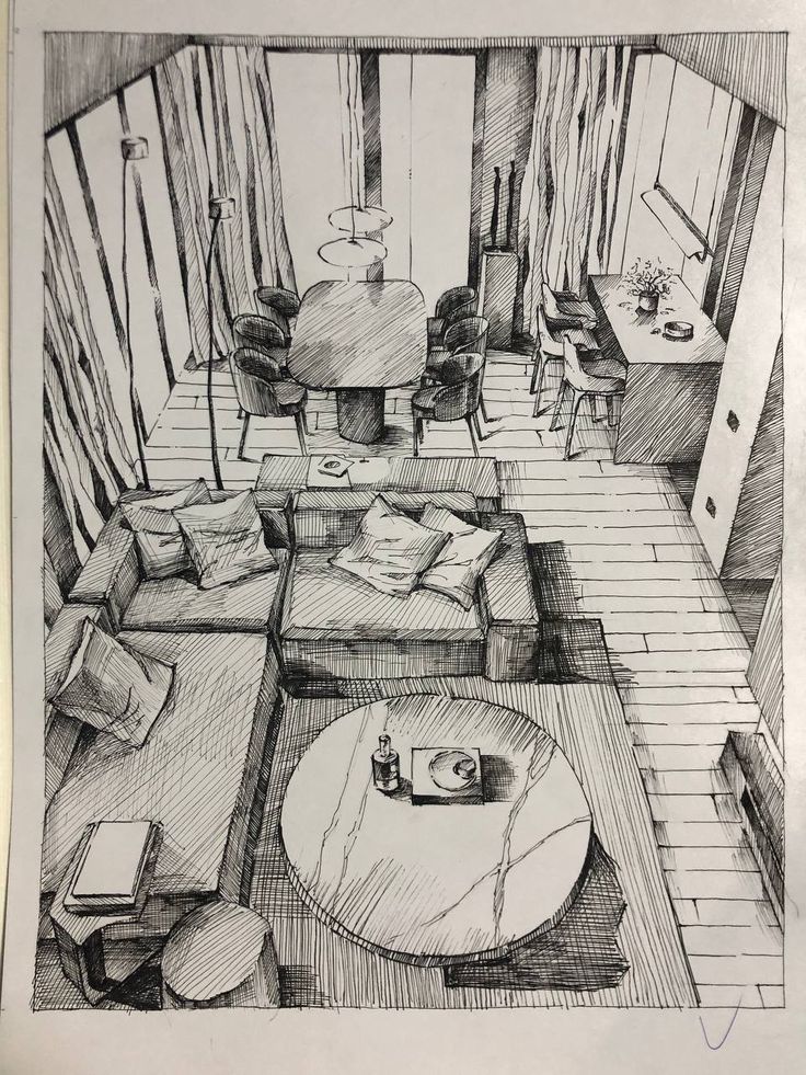 Sketch of a modern living room with a comfortable sofa, round coffee table, dining area, and stylish decor.