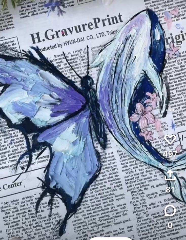 Abstract purple and blue butterfly painting on newspaper background, with delicate floral accents.