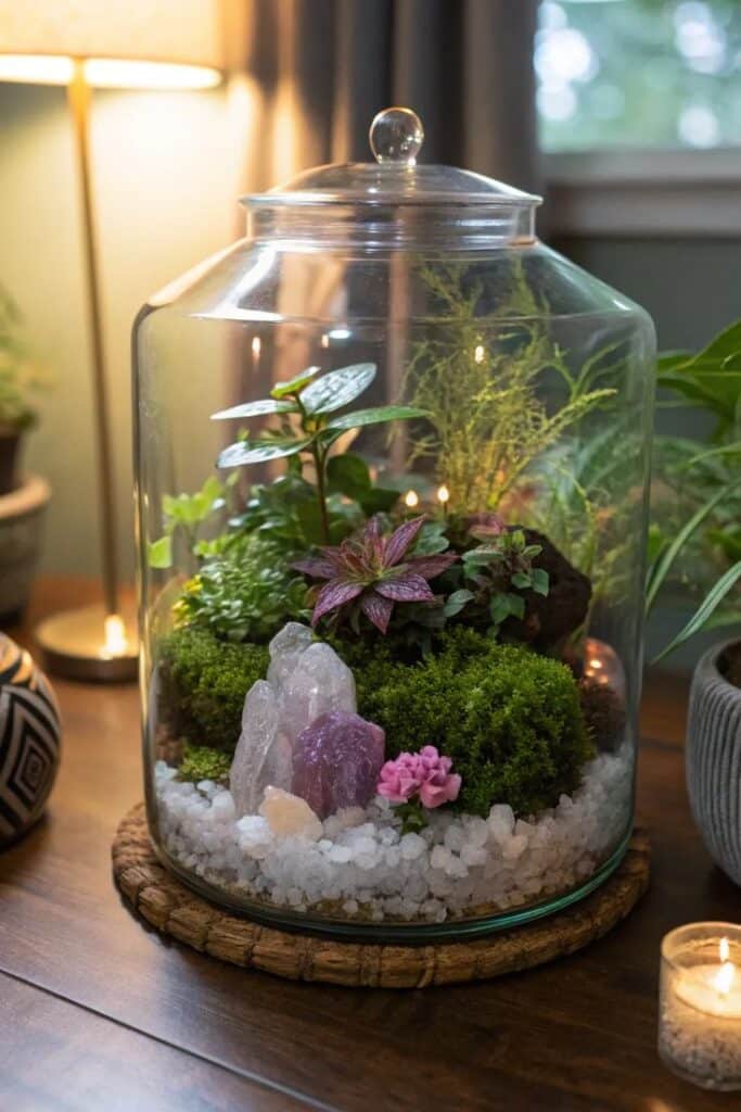 c9b3556801b6c37244d62d3545ce7bd7 Ornate terrarium with lush green plants, purple crystals, and decorative stones on a cozy wooden table. | Sky Rye Design Ornate terrarium with lush green plants, purple crystals, and decorative stones on a cozy wooden table.