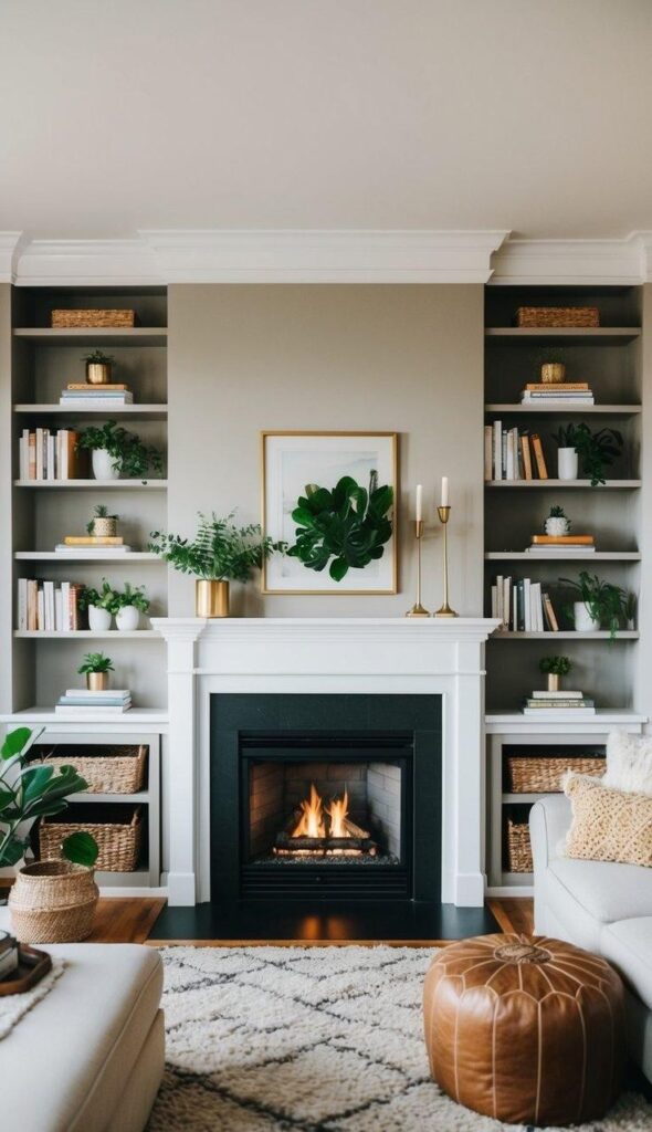 Modern living room with cozy fireplace, bookshelves, and stylish decor. Warm, inviting interior design.