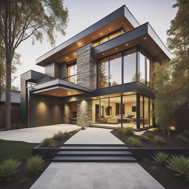 Modern two-story house with glass walls, sleek design, and surrounding greenery during twilight.