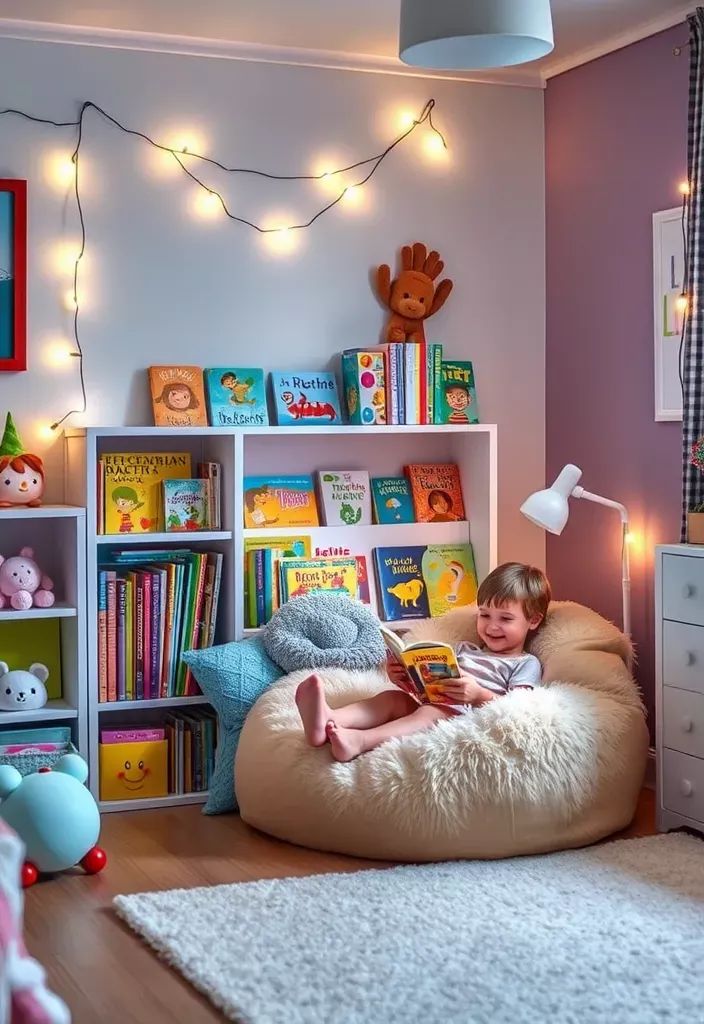 Child reading on a bean bag in colorful, cozy room with books, fairy lights, and stuffed toys.