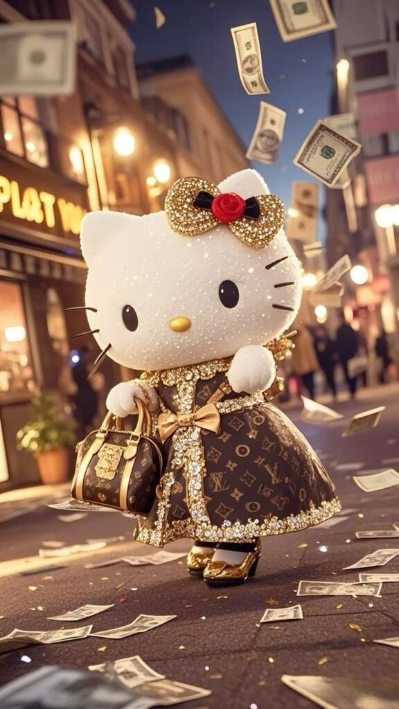 Hello Kitty in a glamorous outfit on a city street surrounded by floating money.