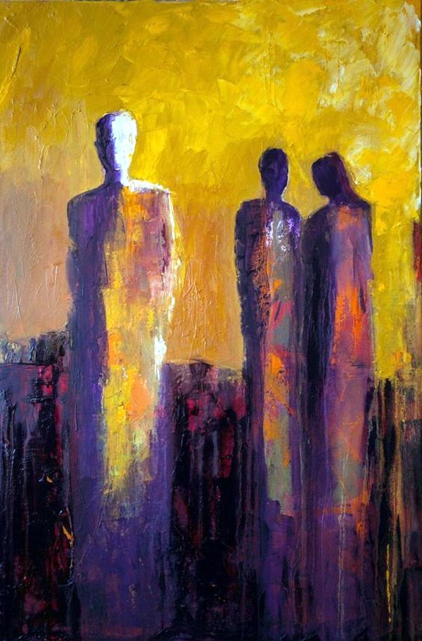 Abstract painting of three figures in vibrant purple and yellow hues, conveying mystery and emotion.