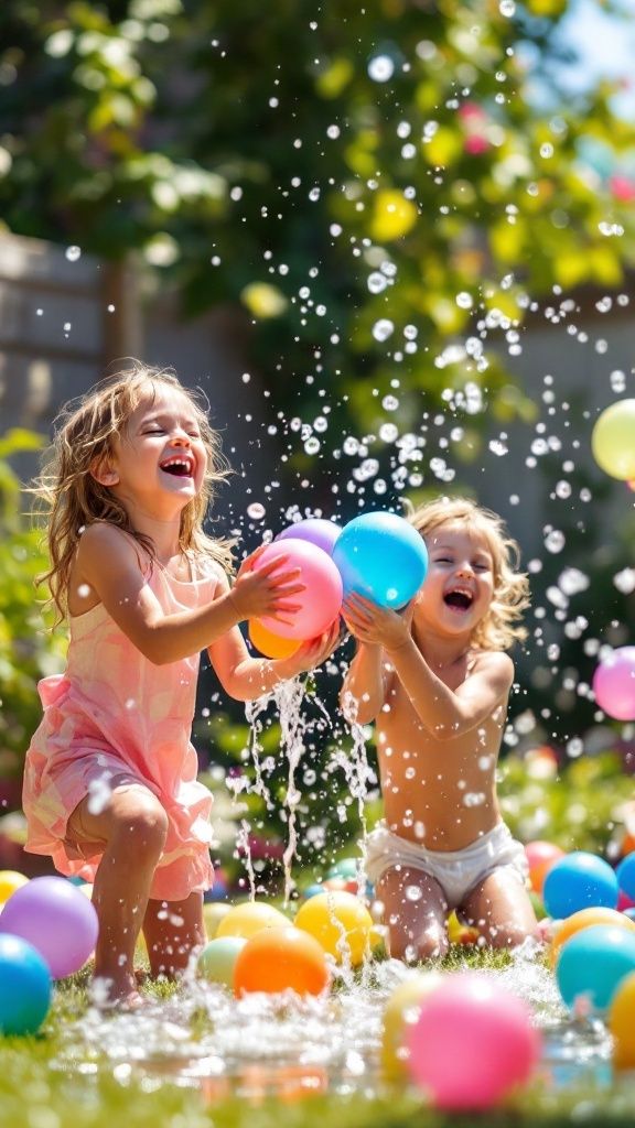 Children joyfully playing with colorful water balloons in a sunny garden, splashing and laughing.
