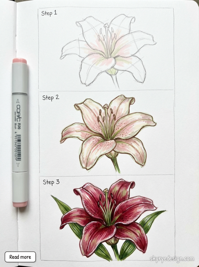 lily step by step drawing tutorial with markers