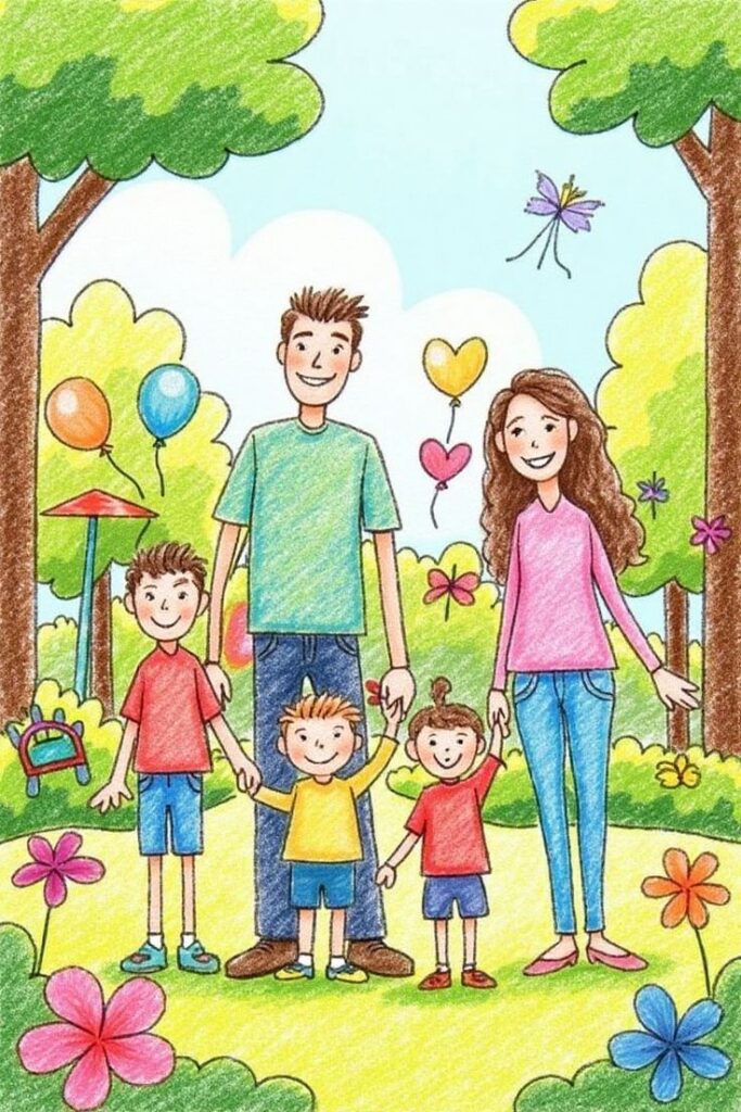 Illustrated family enjoying a colorful day in the park with balloons and flowers around.