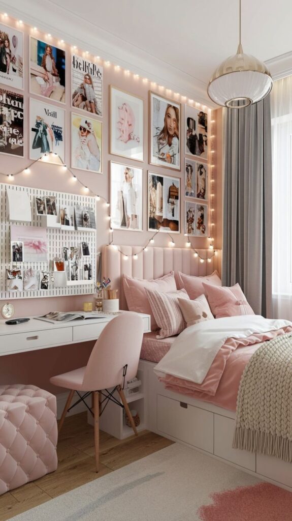 Stylish pink bedroom with cozy bed, desk, photo wall, and string lights creating a chic, modern atmosphere.