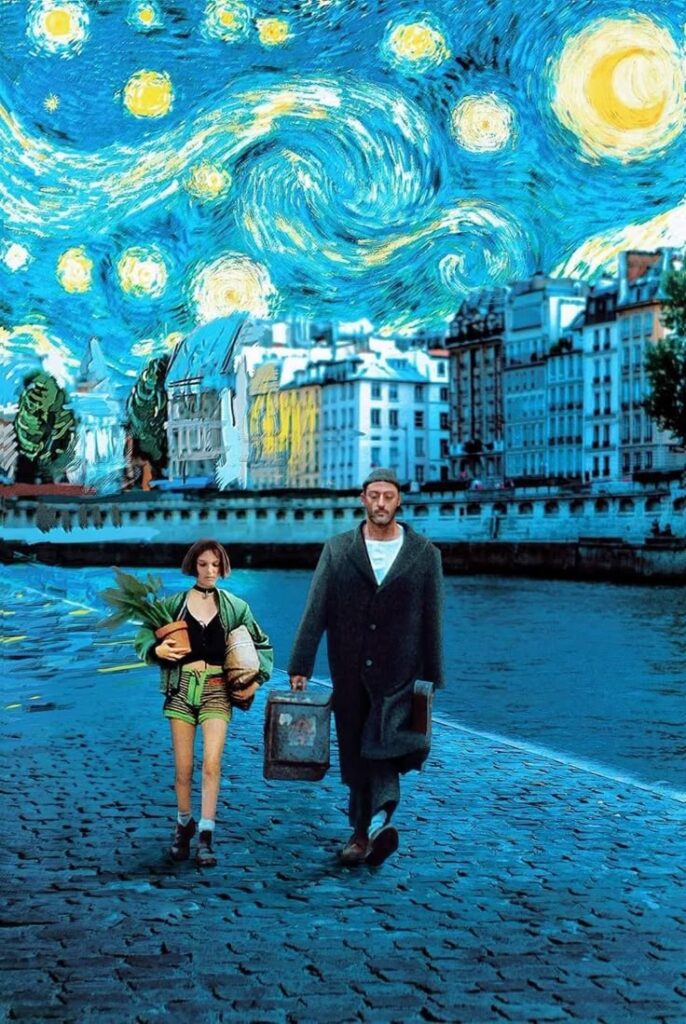 Two people walking under a starry night sky resembling Van Gogh's art, next to a river and cityscape.