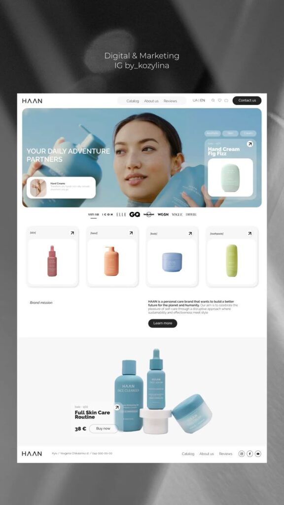 Hand cream product page with diverse skincare items and brand mission for sustainable beauty by Haan.