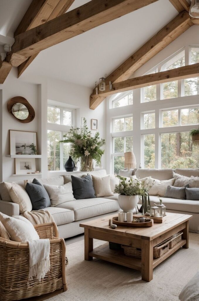 Modern rustic living room with white sofas, wooden beams, and large windows. Natural light and greenery enhance coziness.