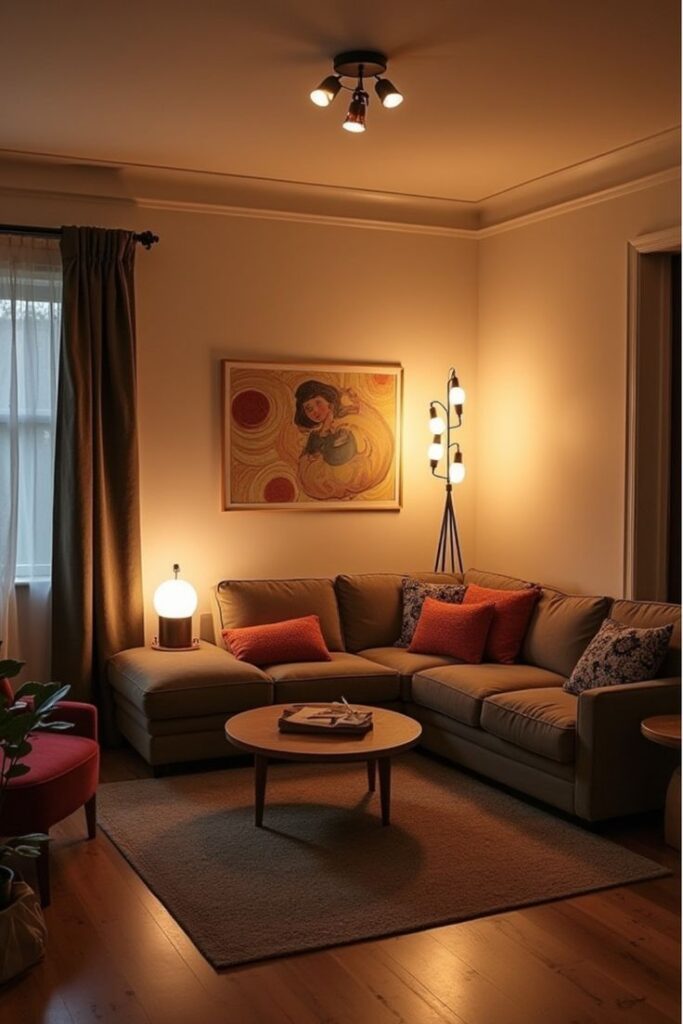 Cozy living room with warm lighting, modern art, and comfortable sectional sofa. Perfect for relaxing evenings.