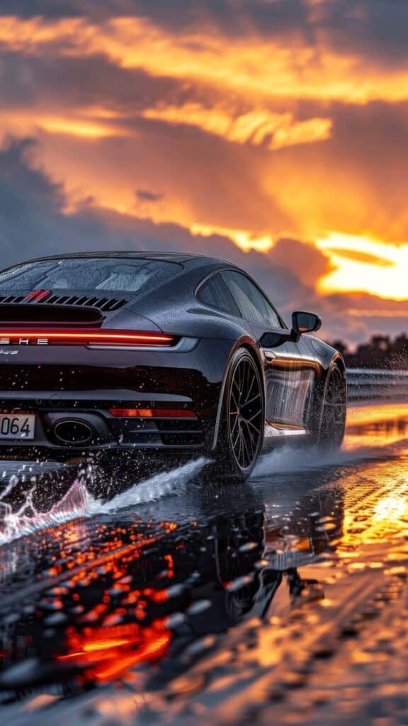 Sleek sports car driving on wet road at sunset, reflecting vibrant sky colors, showcasing speed and style.